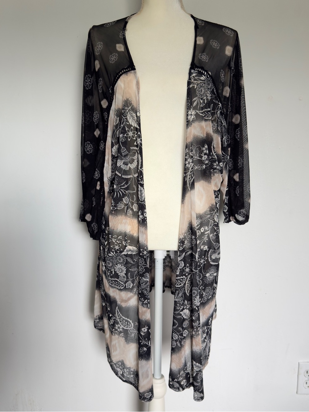 CURE Sheer Mesh Floral Duster Cardigan Kimono Mixed Print Black Beige Large Boho